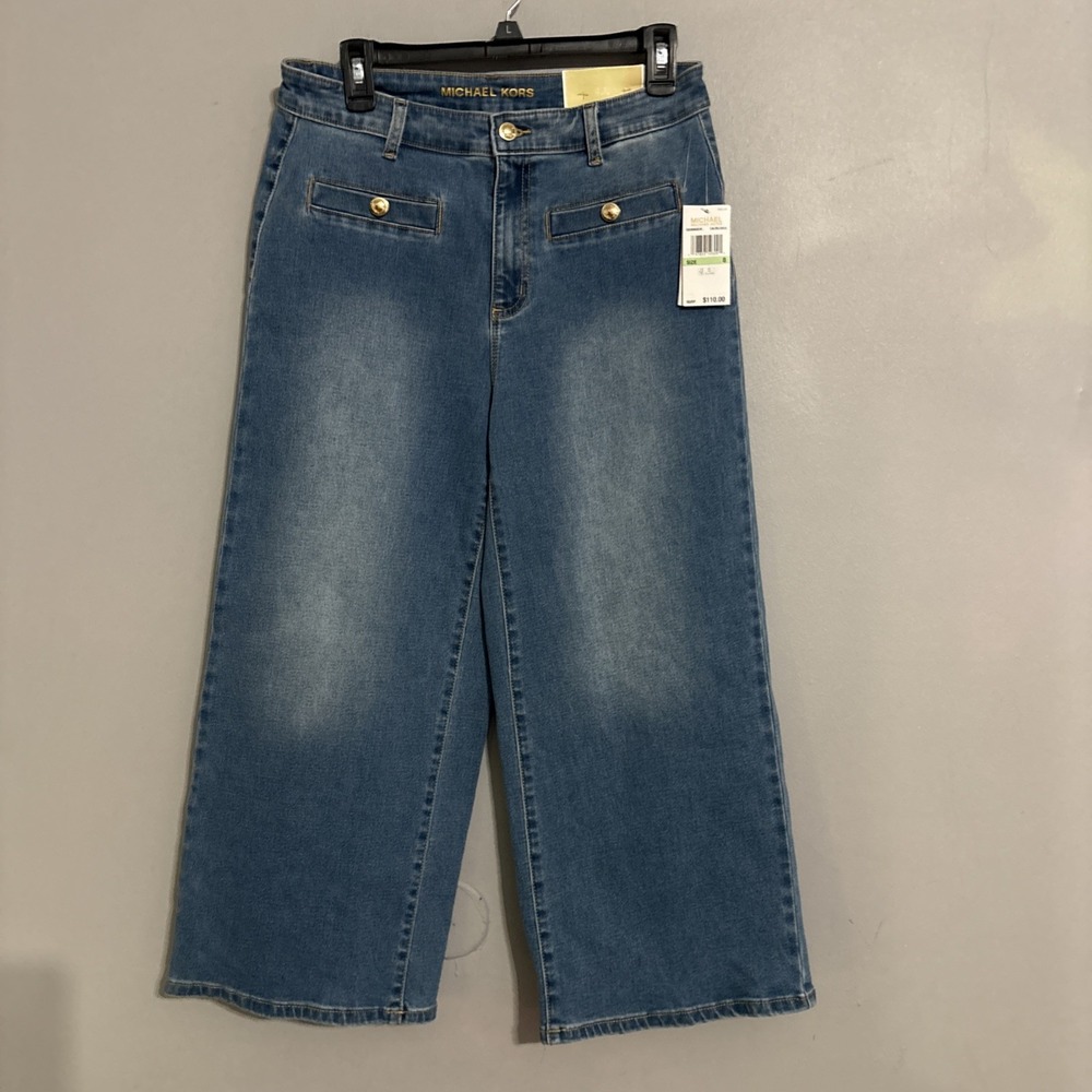 Michael Kors Selma Cropped High-Rise Wide Leg Blue Denim Jeans Sz 8 NWT